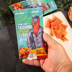 Carne secca di tacchino 25g carneseccaitalia.it carne essiccata alto contenuto proteico chips italiane