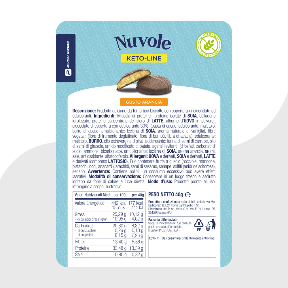 FDO - NUVOLE ARANCIA RICOPERTE DI CIOCCOLATO - Biscotti soffici Low Carb, Proteici e Senza Glutine