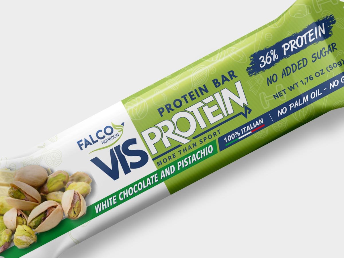 Foto di Vis Protein - Barretta proteica 1 barretta (50 g) Cioccolato bianco e pistacchio - Push More Barretta proteica Falco Food
